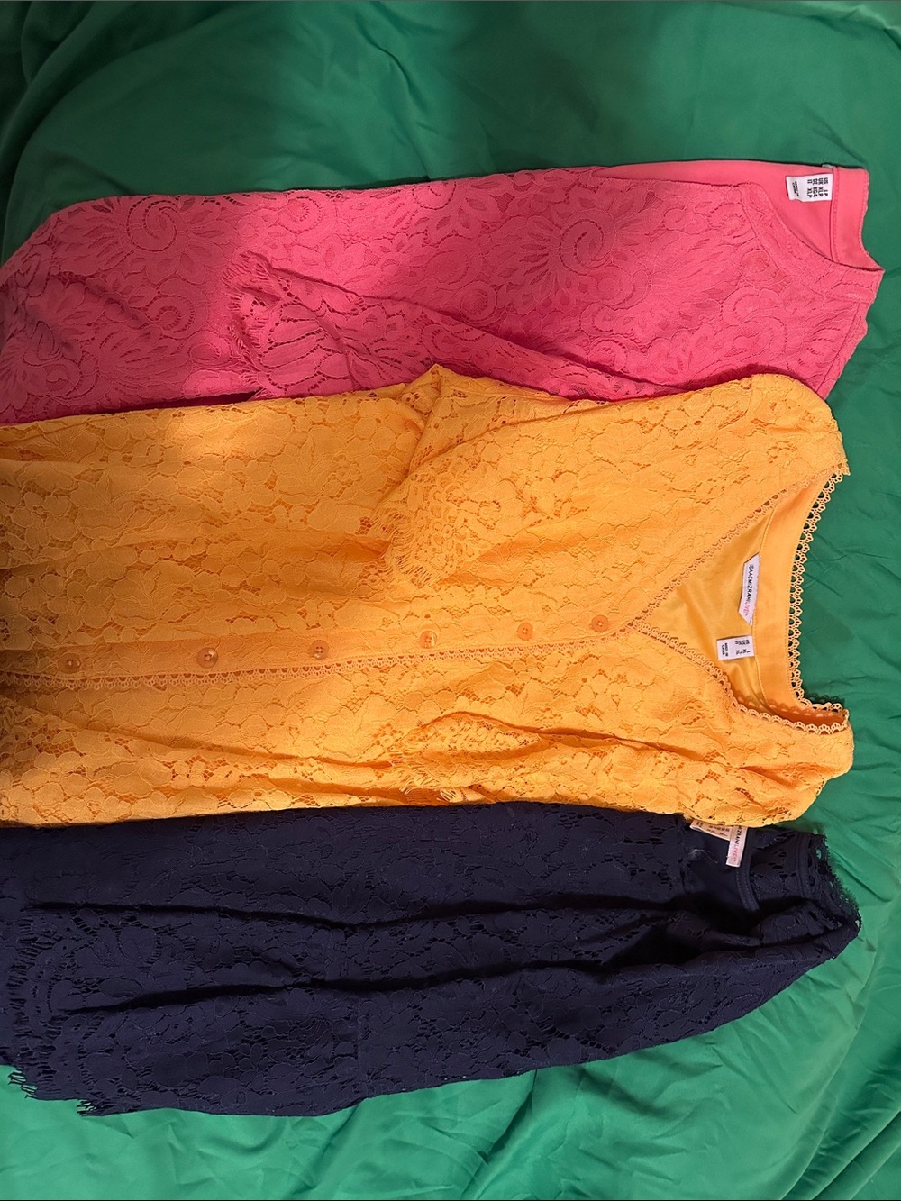 Three Isaac Mizrahi Live Lace shirts - Pink(LP), Yellow(L), Navy(L)